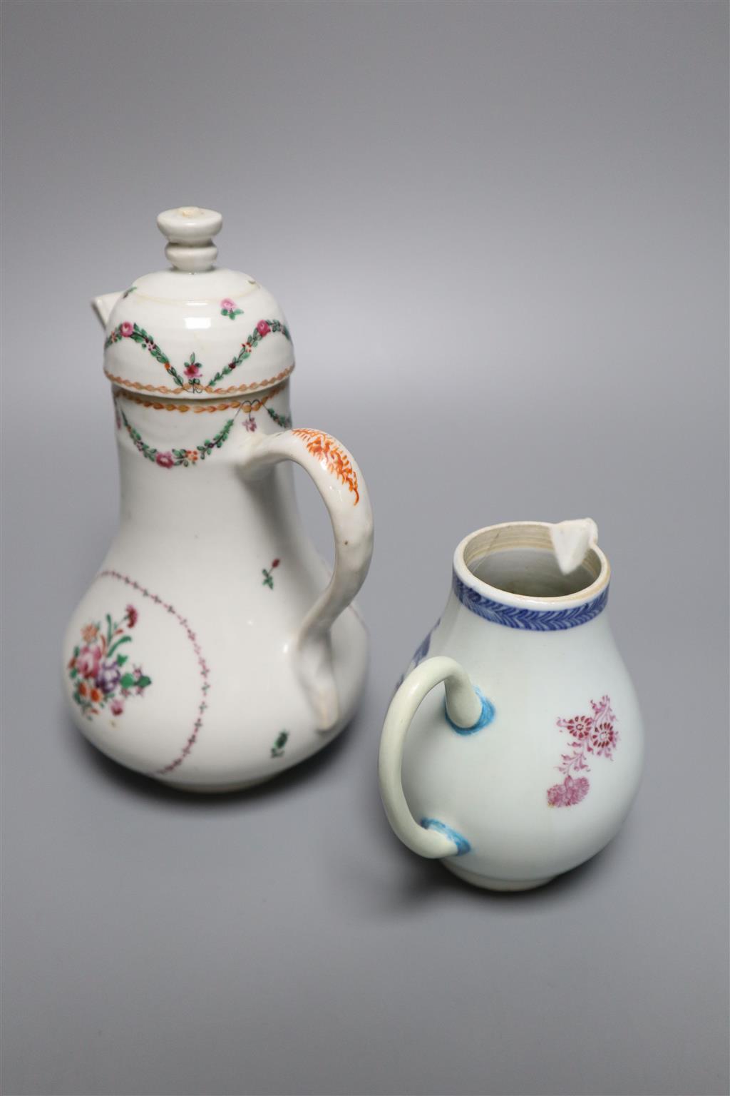 A Chinese export famille rose sparrowbeak jug, a ewer and cover and a mandarin pattern pot, tallest 17.5cm